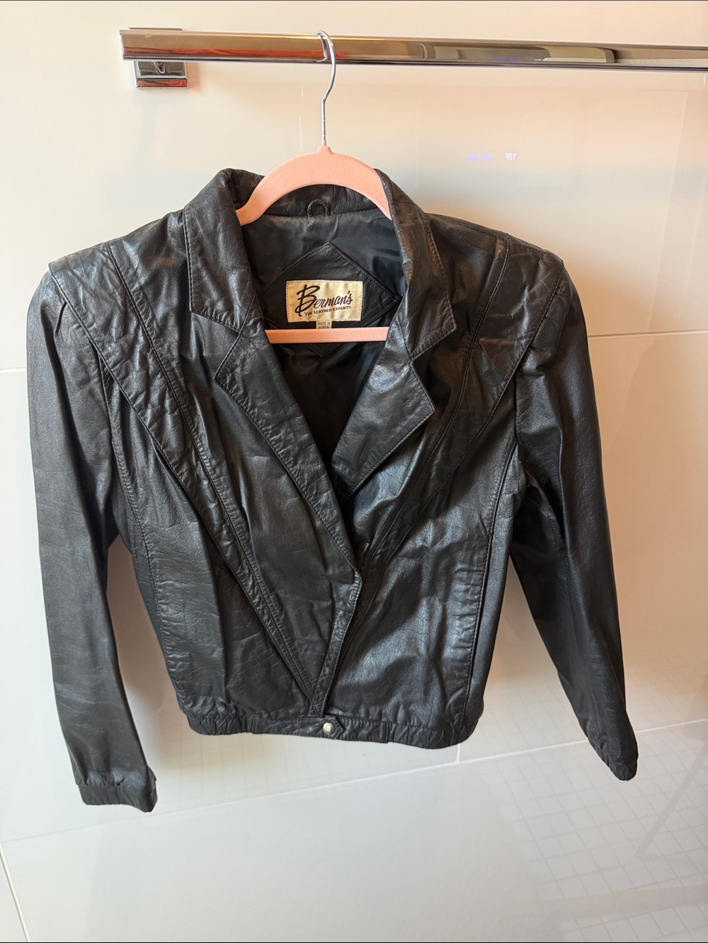 Vintage Berman’s Leather black leather moto jacket size 8, right out of the 80’s